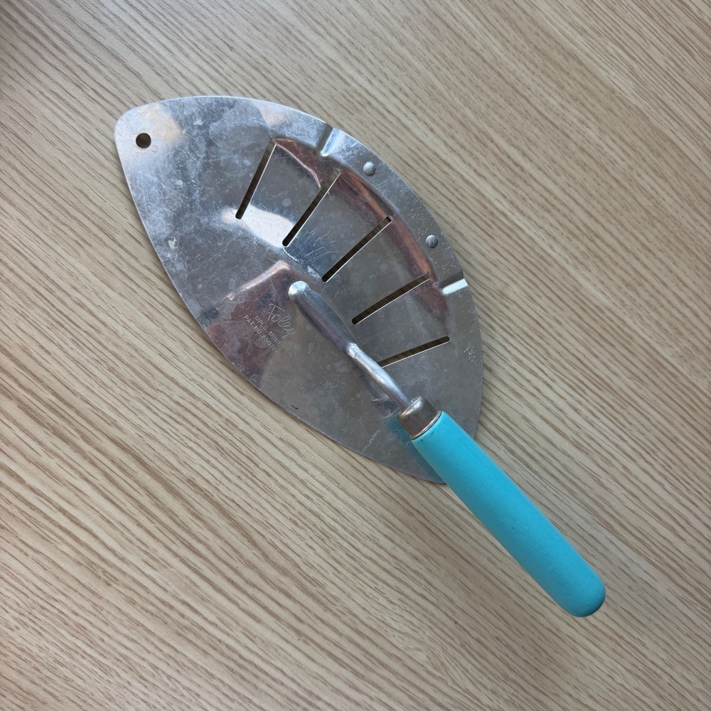 Vintage Foley Stainless Steel Pot Strainer Aqua Turquoise Handle US Pat 2507159